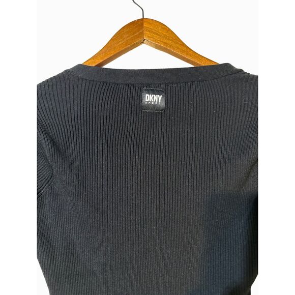 DKNY Black Ribbed Henley Long-Sleeve Bodysuit Button Front Size Medium - Picture 6 of 8